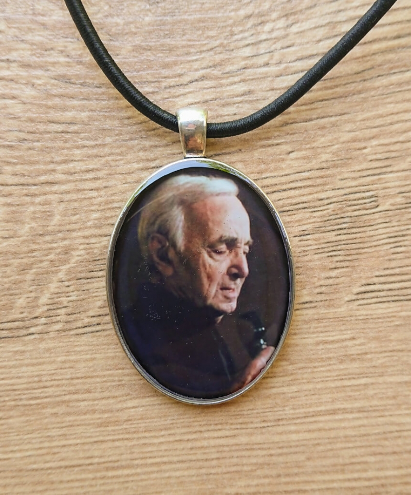 Oval glazed necklace with Charles Aznavour image, by Anahit Harutyunyan
