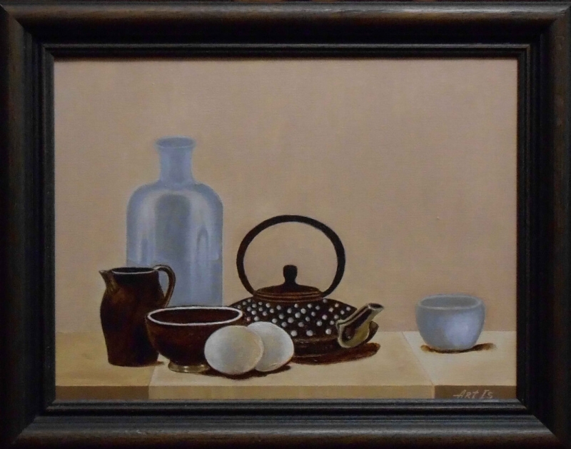 Still life with a coffee pot, kitchenware and eggs, by Artur Isayan