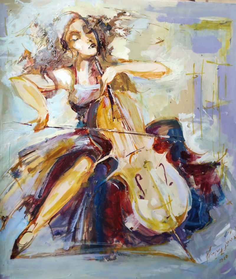 Cellist, oil painting by Aghasi Talalyan