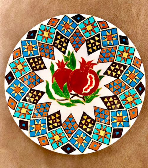 Armenian Rug with Fruits, hand painted plate by Anahit Matevosyan