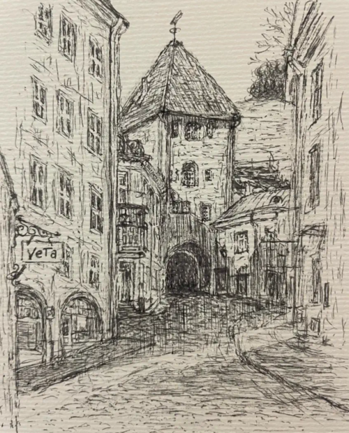 The Old Town, ink painting by Anahit Samvelyan