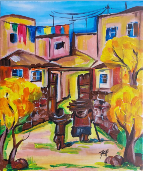 On the Village Road, acrylic painting by Shoghakat Khachatryan