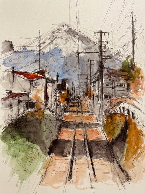 "Mt Fuji", ink, watercolor painting by Anahit Samvelyan