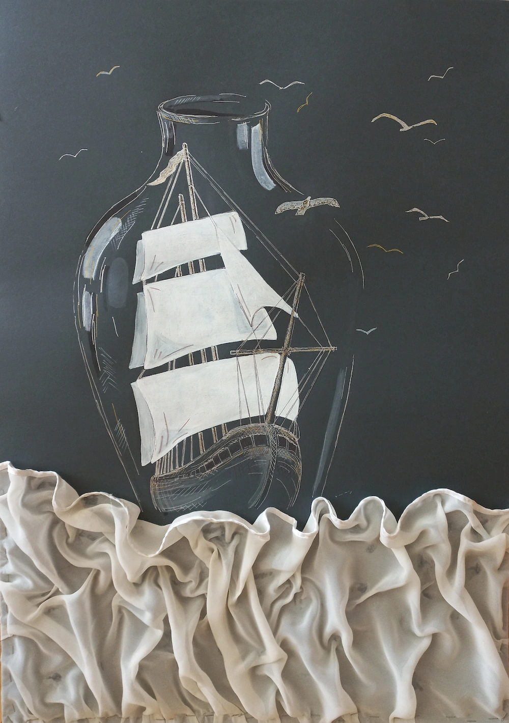 «Ալիքների միջով», ակրիլ, մատիտ թղթի վրա, հեղինակ՝ Մերի Խաչիկյան