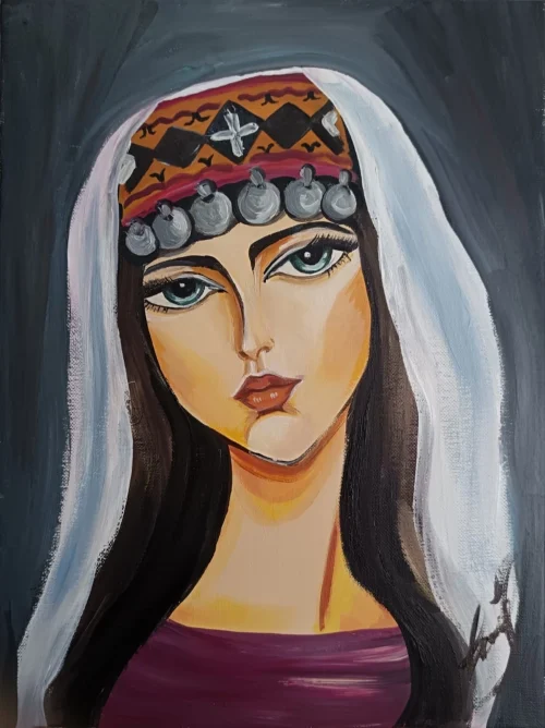 Oil on canvas painting. "Girl in Traditional Costume", oil painting by Shoghakat Khachatryan.