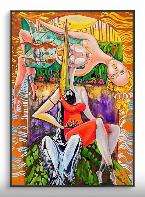 "Leisure" – original surrealist oil painting by Armenian artist Anahit Mirijanyan featuring female figures, symbolic objects and nature elements, 50×70 cm, 2025