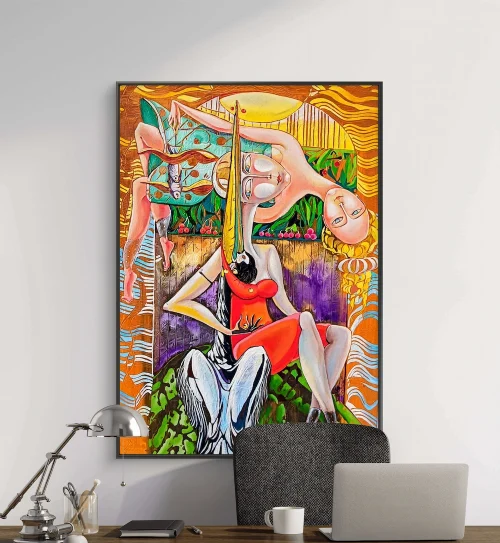 "Leisure" – original surrealist oil painting by Armenian artist Anahit Mirijanyan featuring female figures, symbolic objects and nature elements, 50×70 cm, 2025