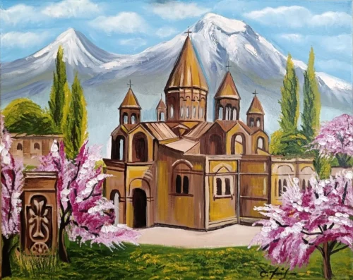 Oil on canvas painting. "Mother See of Holy Etchmiadzin", oil painting by Shoghakat Khachatryan.