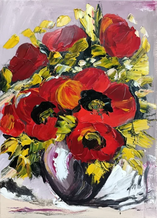 Poppies" – original impasto oil painting of red poppies and yellow wildflowers in a dark vase, by Armenian artist Shoghakat Khachatryan