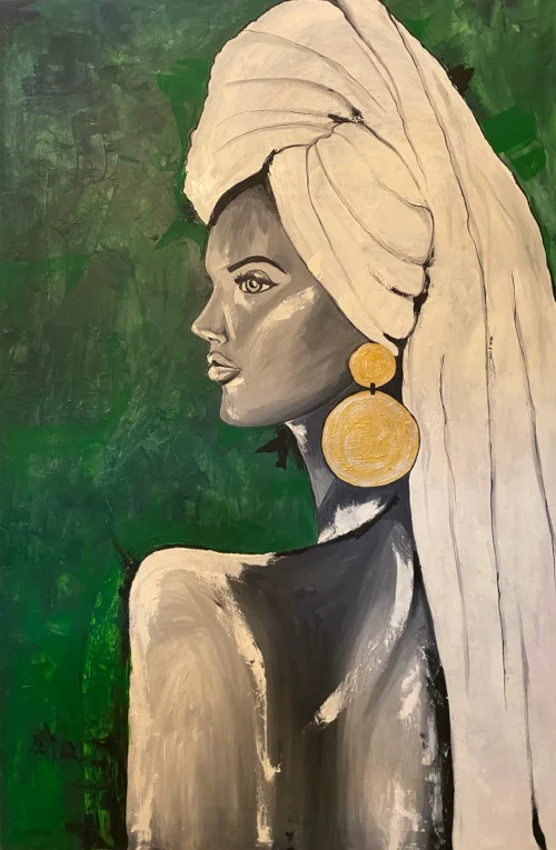 Oil portrait painting titled "A Glance at the Past" by Arpine Virabyan, depicting a woman in profile with monochromatic gray skin tones, a white head wrap, and large gold earrings against a vibrant green textured background.