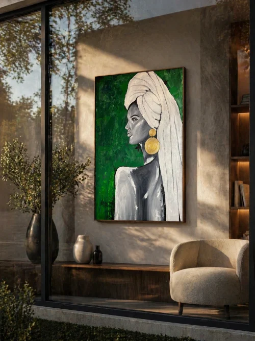 A place mockup featuring an oil painting by Arpine Virabyan. "A Glance at the Past", oil painting on canvas.