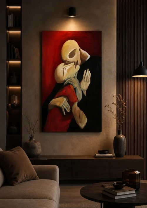 Room mockup featuring an oil painting by Arpine Virabyan. "In the Embrace…", օil painting on canvas.