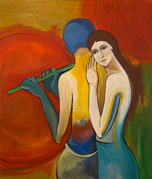 In the Tale of Serenity" – original oil painting by Armenian artist Arpine Virabyan, two figures, a flute player and a woman, in a warm abstract setting.