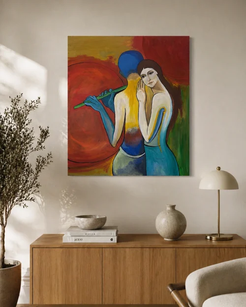 Modern minimalist room mockup featuring an oil painting by Arpine Virabyan. "In the Tale of Serenity", oil on canvas painting.