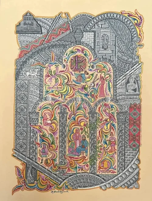 "Armenian Vibes", painting by Armen Daneghyan. Modern Miniature. Materials used: tempera, gouache, acrylic, honey watercolor on special paper.
