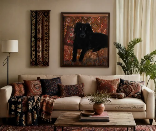Room mockup featuring an oil painting by Arpine Virabyan. "Blackie", oil painting on canvas.