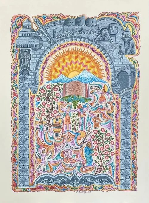 "From Armenia", painting by Armen Daneghyan. Modern Miniature. Materials used: tempera, gouache, acrylic, honey watercolor on special paper.