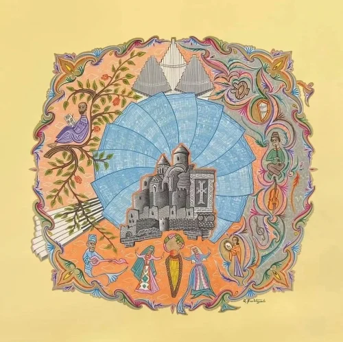 "Armenian Melody", painting by Armen Daneghyan. Modern Miniature. Materials used: tempera, gouache, acrylic, honey watercolor on special paper.