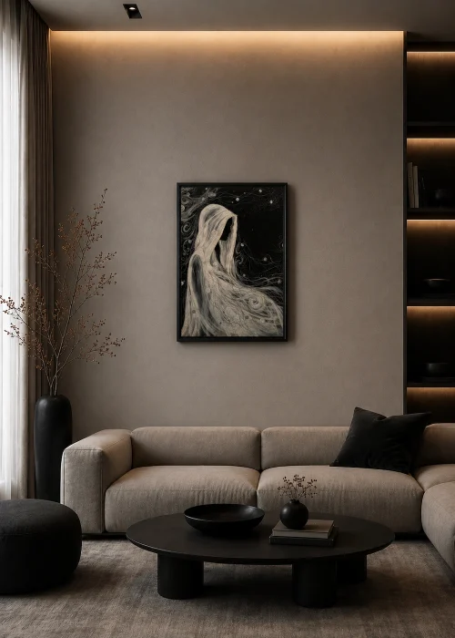 Room mockup featuring an acrylic painting. “Silence”, acrylic painting by Mary Khachikyan. Acrylic painting on paper.