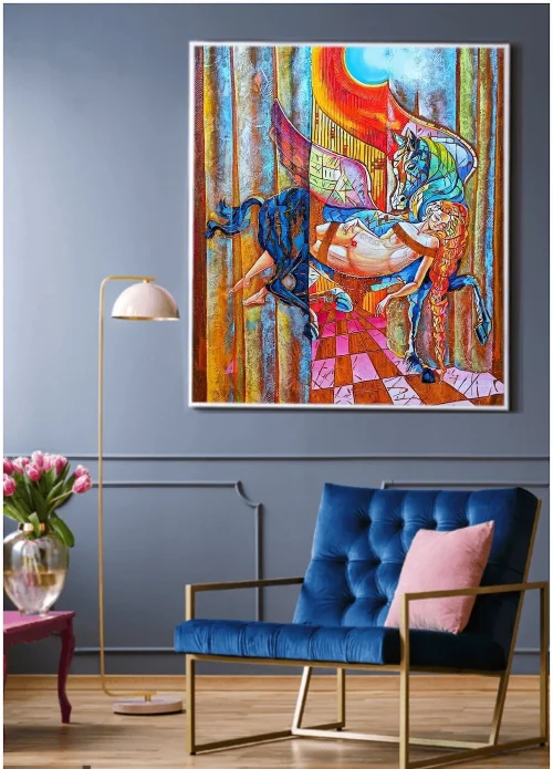 Room mockup featuring an oil painting by Anahit Mirijanyan. "Ascent", oil on canvas painting.