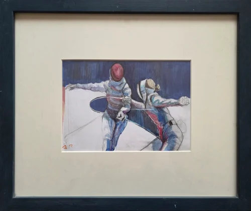 “Fencers”, framed watercolor painting by Nane Badalyan. Watercolor painting on pape.
