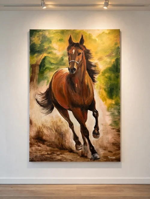 Vertical oil painting showing a galloping bay horse charging forward on a dusty, sunlit pathway by artist Teresa Sukiasyan. Oil painting on canvas.