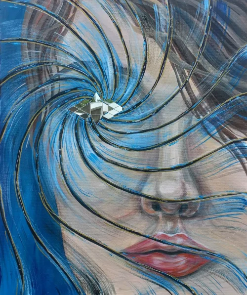 Close-up of "Reflection" acrylic painting by Mary Khachikyan featuring a surreal female face surrounded by swirling blue lines and a mirrored mosaic eye.