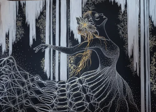 Resonance by Mary Khachikyan, black and white acrylic painting on paper depicting an arched female dancer with intricate lace-like patterns, stippling, and gold hair accents.