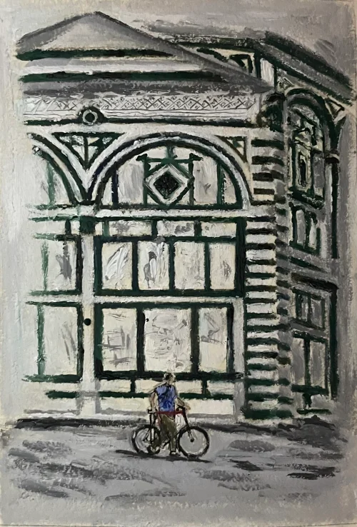 Original oil painting titled "The Traveller" by artist Anahit Samvelyan, featuring a cyclist with a bicycle before an arched architectural facade.