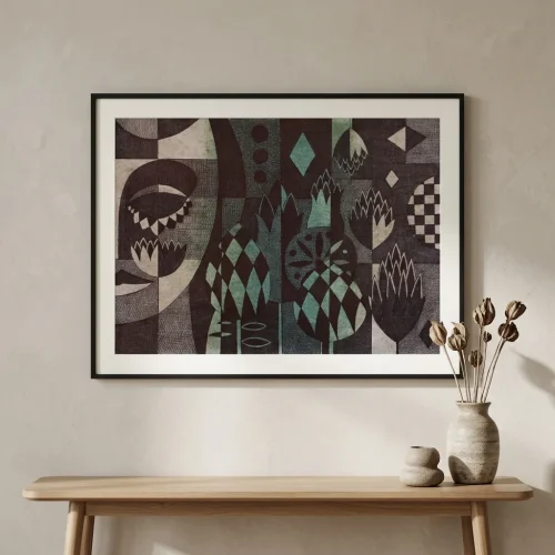 “Geometry of Nature” abstract watercolor painting by Eduard Nersisyan mounted in a modern living room interior